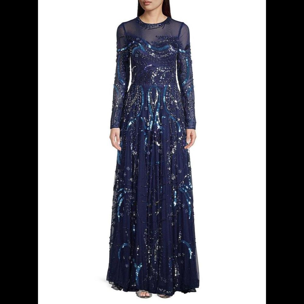 Mac Duggal Navy and Teal Sequin Mesh Long Sleeve Evening Gown